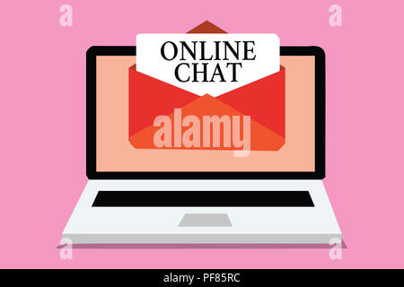 Conceptual la scrittura a mano che mostra una chat online. Business photo vetrina per parlare con un amico o qualcuno attraverso internet e PC Phone Computer che riceve Foto Stock
