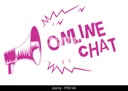 Parola di scrittura di testo Chat Online. Il concetto di business per parlare con un amico o qualcuno attraverso internet e PC Phone viola megafono altoparlante importan Foto Stock