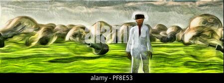 Pittura surreale. Uomo in abito bianco si erge nel campo con il gigante delle lampadine. Foto Stock