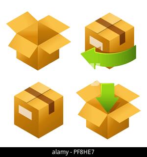 Isometrica scatole di cartone impostare le icone. Mandata e ritorno libero di doni o pacchi Illustrazione Vettoriale