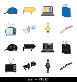 TV, megafono, un uomo con un poster, un aeroplano con un banner.Advertising,set di icone di raccolta in nero,cartoon stile simbolo vettore illustrazione stock Illustrazione Vettoriale