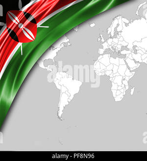 Bandiera del Kenya con un posto per il vostro testo, sullo sfondo di una mappa del mondo. Foto Stock