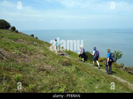 Un gruppo a piedi di quattro sul sud-ovest sentiero costiero, Somerset, Inghilterra, Regno Unito. Foto Stock