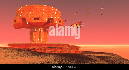 Spaceport su Marte - Mar's colono di costruire un spaceport vicino a un vasto campo di ghiaccio presso il polo nord di questo pianeta limitrofi. Foto Stock