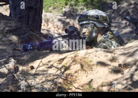 Cadet Ryan Freeman, insieme con altri lettone e U.S. Soldati di fuoco di ritorno durante l'esercizio Saber Strike 18 a base di Adazi, Lettonia Giugno 5, 2018. Questo esercizio è l'ottava iterazione della lunga U.S. Esercito Europa-led formazione cooperativa esercizio progettata per migliorare l'interoperabilità tra alleati e partner regionali. Freeman è da Knoxville, Penn., e studente presso la Penn State University studia ingegneria elettromeccanica. Egli è uno dei 40 Cadetti da più membri e scuole partecipanti nell'esercizio Giugno 3-15, 2018 sotto gli Stati Uniti Esercito la comprensione culturale e di leadershi Foto Stock