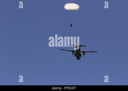 Soldati polacchi dal 6° Battaglione Airborne, 6° Brigata Aerea, fuori di Cracovia, in Polonia, saltare da CASA C-295 aeromobili, Giugno 7, 2018 in forze terrestri Training Center Drawsko, Polonia. Questo evento è stato parte di Saber Strike 18, l'ottava iterazione della lunga U.S. Esercito Europa-led formazione cooperativa esercizio progettata per migliorare l'interoperabilità tra alleati e partner regionali. (Michigan Guardia Nazionale Foto Stock