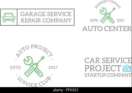 Set di retro vintage mappa del percorso, automobile, chiave, cacciavite logo o insegne, emblemi, etichette e distintivi e altri oggetti di branding. Vettore stile linea Illustrazione Vettoriale