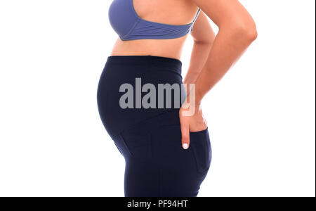 Pantaloni per le donne in gravidanza. Fascia elastica speciale per l'addome. Foto Stock