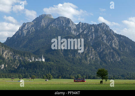 Le Alpi con il Castello di Neuschwanstein e Hohenschwangau, Allgaeu, Baviera, Germania Foto Stock