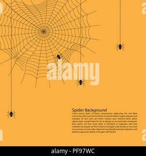 Sfondo di Halloween concept : ragni appesi a ragnatela contro lo sfondo arancione come una varietà di zucche per la carta da parati, poster, pubblicità, vendita banner web Illustrazione Vettoriale