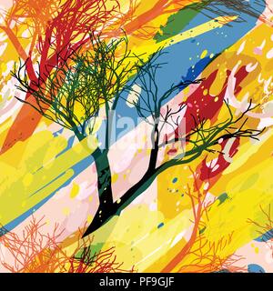 Militari di camuffamento di texture con alberi, rami, erba e acquerello macchie Illustrazione Vettoriale