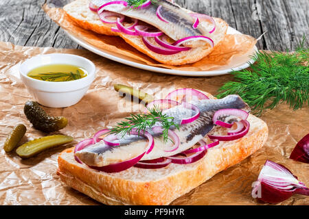 Sandwich CON FILETTI DI ARINGHE, cipolla, cetriolo sottaceto e aneto Foto Stock