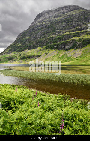 Loch Achtriochtan sul fiume Coe in verde Glen Coe valley con Aonach Dubh delle Tre Sorelle montagne nel cloud Highlands scozzesi Scotland Regno Unito Foto Stock