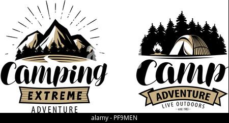 Camping, camp logo o etichetta. Attività ricreative all'aperto, Escursionismo concetto. Lettering illustrazione vettoriale Illustrazione Vettoriale