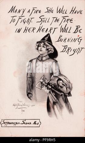 Bianco e nero, cartolina raffigurante una donna vestita come un vigile del fuoco tenendo un piccone, con la dizione "qualsiasi incendio dovrà combattere, ma ancora il fuoco nel cuore di masterizzazione sarà luminoso, ' che fa riferimento alla possibilità di post-suffragio sesso inversione di ruolo, numero undici in New York Suffragettes serie, illustrato da Edith Parsons Williams, e pubblicato da C Wolf per il mercato americano, 1912. () Foto Stock