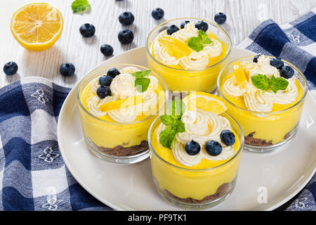 Layered sana colazione - Limone mirtillo cheesecake in bicchieri di vetro decorate con panna montata di panna, le fette di limone e menta con carta asciugatutto, vie Foto Stock