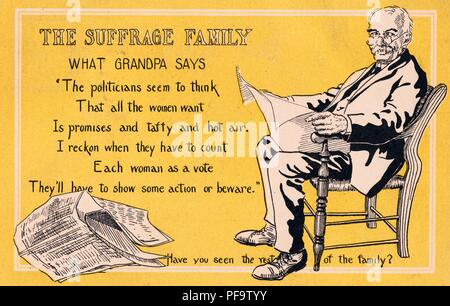 Giallo, Nero e carta bianca, raffigurante un uomo anziano, indossando indumenti edoardiana, seduto su una sedia e la lettura di un quotidiano, testo a destra spiegare il "nonno del' pro-posizione di suffragio, sottolineando che il suffragio costringerà i politici a 'show qualche azione o attenzione, ' parte di un gruppo con la dizione "La famiglia di suffragio, ' pubblicato per il mercato americano, 1917. () Foto Stock