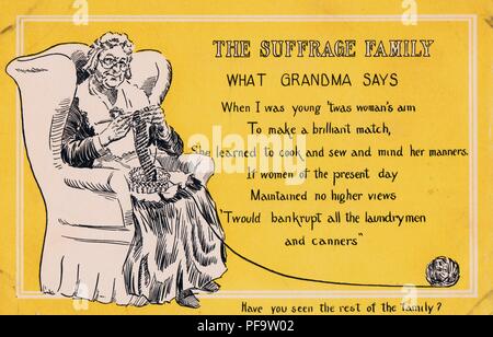 Giallo e nero, e cartoncino bianco raffigurante una donna anziana, indossando indumenti edoardiana, seduto in una sedia e di lavorazione a maglia, testo a destra spiegare "della nonna" pro-posizione di suffragio, sottolineando che il suffragio consente "laundrymen e conservieri' per lavorare, parte di un gruppo con la dizione "La famiglia di suffragio, ' pubblicato per il mercato americano, 1917. () Foto Stock