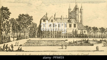 . Des divers stili de jardins, modÃ¨de Les grandes et petites rÃ©sidences, sur l'arte dÃ©coratif des jardins; jardins europÃ©ens et jardins orientaux. Giardini; giardini. Jardin et maison de M. Le Grand Prieur du Temple Cette maison occupait onu grand terrain encerclÃ© de hautes murailles Ã crÃ©neaux, fortifiÃ©es d'espace en espace par des tours. Ces tours et ces crÃ©neaux ont Ã©tÃ© abattus en partie, mais la grande porte est restÃ©e avec sa dÃ©coration d'ordre dorique Ã colonnes isolÃ©es ; la cour Ã©tait entourÃ©e d'une espÃ¨ce de pí©ristyle Ã. colonnes couplÃ©es qui formait onu magnifique ensemb Foto Stock