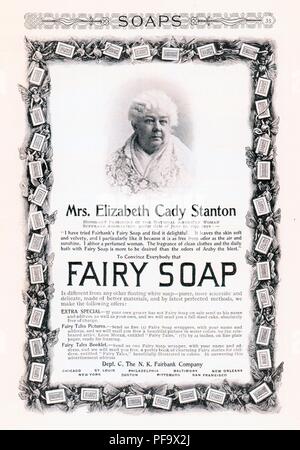 In bianco e nero la pubblicità per la "fata sapone, ' con un colpo di testa di suffragist Elizabeth Cady Stanton e la sua personale recensione del prodotto, pubblicato da NK Fairbank Company per il mercato americano circa 1899. () Foto Stock