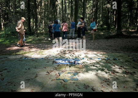 I partecipanti dell'agenzia turistica ROOTKA, specializzata in tour del patrimonio ebraico nell'Europa orientale, si trovano accanto a un'enorme lastra di cemento che segna la tomba di massa degli ebrei uccisi dai tedeschi durante la seconda guerra mondiale nella foresta di Bronytsya, Un piccolo villaggio a nord della città di Drohobych in Lviv Oblast, Ucraina. Foto Stock