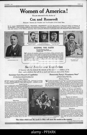 La campagna presidenziale di pubblicità per il team democratica di James M Cox e Franklin D Roosevelt, con ritratto in bianco e nero fotografie del governatore Cox, James M Cox Jr, Onorevole Helen Cox Mahoney, John William Cox, onorevole James M Cox (Margaretta Parker Blair) azienda figlia Anne Cox e Franklin e Eleanor Roosevelt circondato dalla loro grande famiglia, con il supporto di testo destinato a un appello al nuovo enfranchised elettore femmina, pubblicata dal comitato nazionale Democratic per il mercato americano, ottobre 1920. () Foto Stock