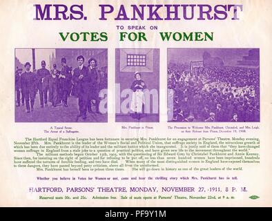 Viola, Verde e bianco poster pubblicitari che parla di un impegno per il militante, inglese suffragist Mrs Emmeline Pankhurst, all'Parson's Theatre di Hartford, Connecticut, con un trittico di immagini raffiguranti un suffragist dell'arresto, Emmeline Pankhurst in carcere e una processione accogliendo il suo rilascio, pubblicato per il mercato americano, novembre 1911. () Foto Stock