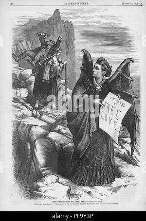 Stampa in bianco e nero raffiguranti suffragist Victoria Woodhull, il primo candidato donna per il Presidente degli Stati Uniti, come una 'malato rs Satana, ' in piedi in una impostazione rocciose, tenendo una chiocciola proclamare "essere salvati dall'amore libero, ' con una povera donna guardando indietro warily come ella heads up il percorso mentre trasporta due bambini piccoli ed un marito alcolica, legendées ' Vattene dietro di me la signora Satana, preferirei viaggiare il più difficile percorso del matrimonio di seguire i vostri passi, ' illustrata da Thomas Nast e pubblicato in Harper's settimanale per il mercato americano, 1872. () Foto Stock