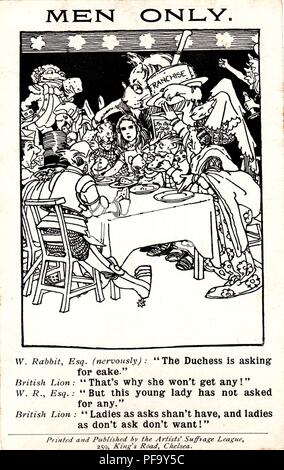 Il suffragio femminile card raffigurante il Mad Hatter's Tea Party in Alice nel paese delle meraviglie di concentrarsi sulle argomentazioni irrazionali della anti-suffragists, Regno Unito, 1910. () Foto Stock