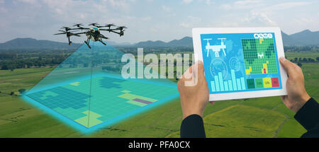 Drone per agricoltura, drone utilizzare per vari campi come analisi di ricerca, sicurezza,salvataggio, terreno la tecnologia di scansione, monitoraggio di idratazione del suolo ,yie Foto Stock