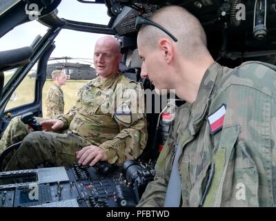 Il polacco forze terrestri officer 1Lt. Blazej Lukaszewski tenta di eseguire la sede pilota di U.S. Esercito UH-60M Blackhawk evacuazione medica elicottero a Ziemsko Airfield, Polonia, come parte del saber sciopero il 2 giugno 2018. Stati Uniti Army Chief Warrant Officer 2 Matteo sentito parlare della C Company, 2° Battaglione, 227th reggimento di aviazione, 1° aria brigata di cavalleria, assiste dal sedile del copilota. Sciopero di Saber 18 è l'ottava iterazione della lunga U.S. Esercito Europa-led formazione cooperativa esercizio progettata per migliorare l'interoperabilità tra alleati e partner regionali. (Michigan Guardia Nazionale Foto Stock