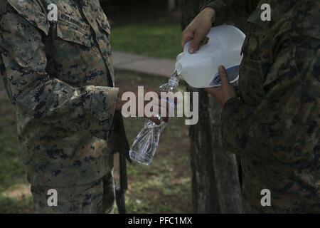 Stati Uniti Marines con scopi speciali Air-Ground Marine Task Force - Comando Sud prendere una pausa e bere acqua per combattere il caldo tropicale durante la ricostruzione di una passerella a Soto Cano Air Base, Honduras, Giugno 5, 2018. I marines e i marinai di SPMAGTF-SC sono in conduzione la cooperazione in materia di sicurezza la formazione e i progetti di ingegneria a fianco di partner nazione le forze militari in America Centrale e America del Sud. L'unità è anche in standby per fornire assistenza umanitaria e di soccorso in caso di catastrofe in caso di un uragano o altra situazione di emergenza nella regione. Foto Stock