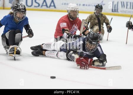 Sostenitore Amanda Doherty (in azzurro), Navy veterano Petty Officer di terza classe Doug Hill (in rosso) e il Navy Petty Officer di 2a classe di Chris Alarcon (in blu scuro) partecipare un pickup gioco di hockey su slitta durante il 2018 DoD Warrior giochi presso l'U.S. Air Force Academy in Colorado Springs il 7 giugno 2018. Il guerriero i giochi sono un evento annuale, istituito nel 2010, per introdurre feriti e ammalati e feriti i membri del servizio di adaptive lo sport come un modo per migliorare il loro recupero e riabilitazione. Foto Stock