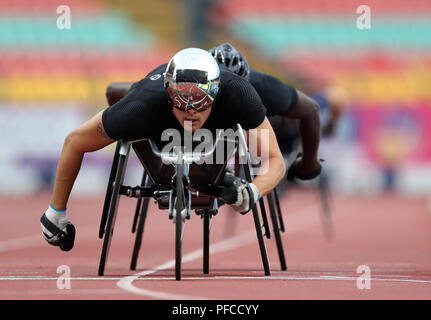 20 agosto 2018, Germania, Berlino, Sport Disabili, Campionati Europei per gli atleti in Jahn-Sportpark, 5000 metri, uomini, T54th svizzero Marcel abbraccio in azione. Foto: Jens Büttner/dpa-Zentralbild/dpa Foto Stock