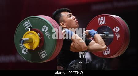 Jakarta, Indonesia. 21 Ago, 2018. Kao Chanhung di Taipei cinese compete durante gli uomini pesi 62kg evento al XVIII Giochi Asiatici in Jakarta, Indonesia, Agosto 21, 2018. Credito: Pan Yulong/Xinhua/Alamy Live News Foto Stock