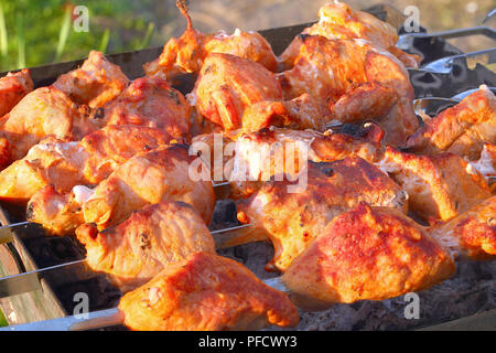 Deliziosa succosa chargrilled spiedini o carne marinata su spiedini di metallo sul barbecue grill, vista da sopra, close-up Foto Stock