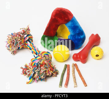 Colorata selezione di cane giocattoli, inclusi osso in gomma, mastichi, morbida pelliccia piramide, sfere gialle e corda intrecciata Foto Stock