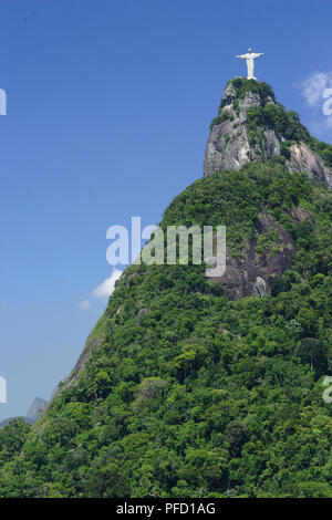 Il Brasile, Rio de Janeiro, Morro do Corcovado Cristo Redentor, montagna coperta di vegetazione lussureggiante e alberi, con la statua di Gesù Cristo al vertice, a basso angolo di visione Foto Stock