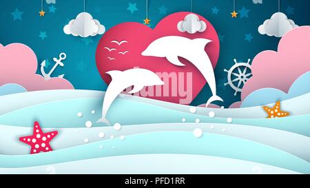 Cartone animato paesaggio marino. Illustrazione dei delfini. Illustrazione Vettoriale