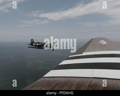 Un Vought F4U Corsair vola come parte di un patrimonio di volo in sostegno della Air Force Reserve settimana, Niagara Falls, N.Y., Giugno 7, 2018. I due piani, risalente alla II Guerra Mondiale, entrato a far parte di un Douglas C-47 Skytrain e un Boeing B-17 Flying Fortress per celebrare il settantesimo compleanno della Air Force Reserve. Foto Stock