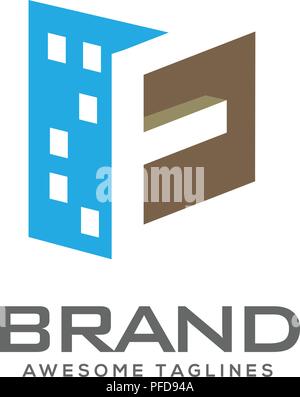 Lettera F real estate logo ,costruzione lettera F developer logo agenzia, badge società immobiliare illustrazione vettoriale Illustrazione Vettoriale