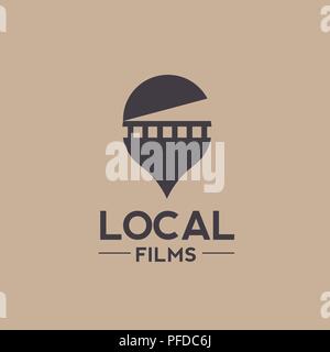 Logo del vettore di combinazione di un film e il pin locator, film locali logo, PIN univoco di pellicola e il logo del modello di progettazione Illustrazione Vettoriale