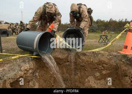 BASE Comune di Cape Cod, Massachusetts - Specialista James O'Neil e SPC. Brian timbro, entrambi un chimico, biologico, radiologico e nucleare specialista, con la 272Chemical Company Massachusetts Esercito Nazionale Guardia, smaltire acqua pulita utilizzata per pulire figurativamente attrezzature contaminate. La formazione è parte di un combinato di esercizio di armi che verifica la disponibilità di missione di combattere le unità di supporto qui il 10 giugno 2018. (Massachusetts esercito nazionale Guard Foto Stock