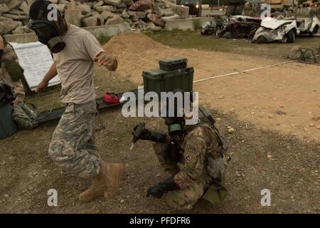 BASE Comune di Cape Cod, Massachusetts - Esercito PFC. Kristina Harris, un chimico, biologico, radiologico e nucleare specialista, con la 272Chemical Company Massachusetts Esercito Nazionale Guardia, ispeziona un soldato con un giunto agente chimico rivelatore. La formazione è parte di un combinato di esercizio di armi che verifica la disponibilità di missione di combattere le unità di supporto qui il 10 giugno 2018. (Massachusetts esercito nazionale Guard Foto Stock