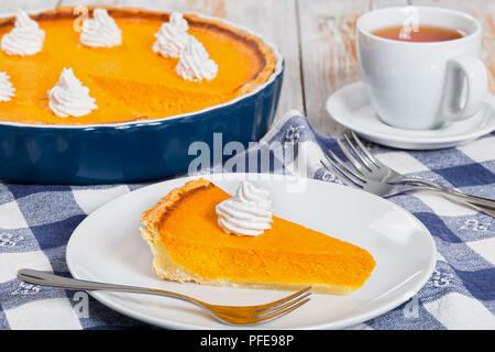 Fetta di torta di zucca - dessert tradizionale per il giorno del Ringraziamento e Natale, decorata con panna montata, con tutta la torta e tazza di tè su sfondo, Foto Stock