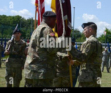 Stati Uniti Comando Esercito Sgt. Principali Clark Charpentier, destra passa il Landstuhl Regional Medical Center (LRMC) colori al Col. Claude Burnett, commander, Landstuhl Regional Medical Center durante la rinuncia di responsabilità cerimonia tenutasi il 30 maggio 2018 a Landstuhl/Germania Foto Stock