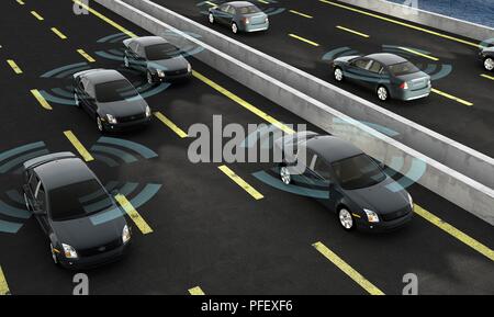 Auto autonoma su una strada con collegamento visibile, rendering 3D Foto Stock