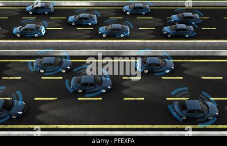 Auto autonoma su una strada con collegamento visibile, rendering 3D Foto Stock