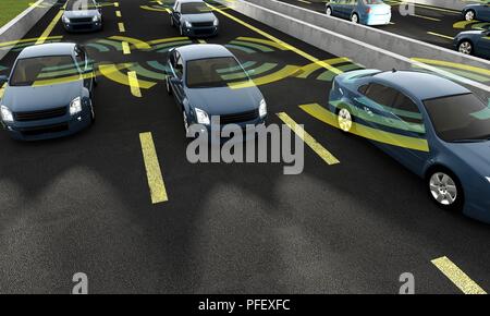 Auto autonoma su una strada con collegamento visibile, rendering 3D Foto Stock