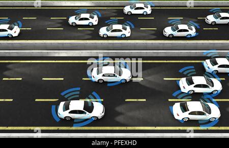 Auto autonoma su una strada con collegamento visibile, rendering 3D Foto Stock